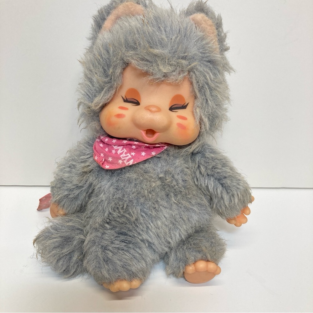 Rare Nyamy Monchhichi Gray Kitty Cat Thumb Sucking 7” Rubber Face Doll 1979 Vtg
